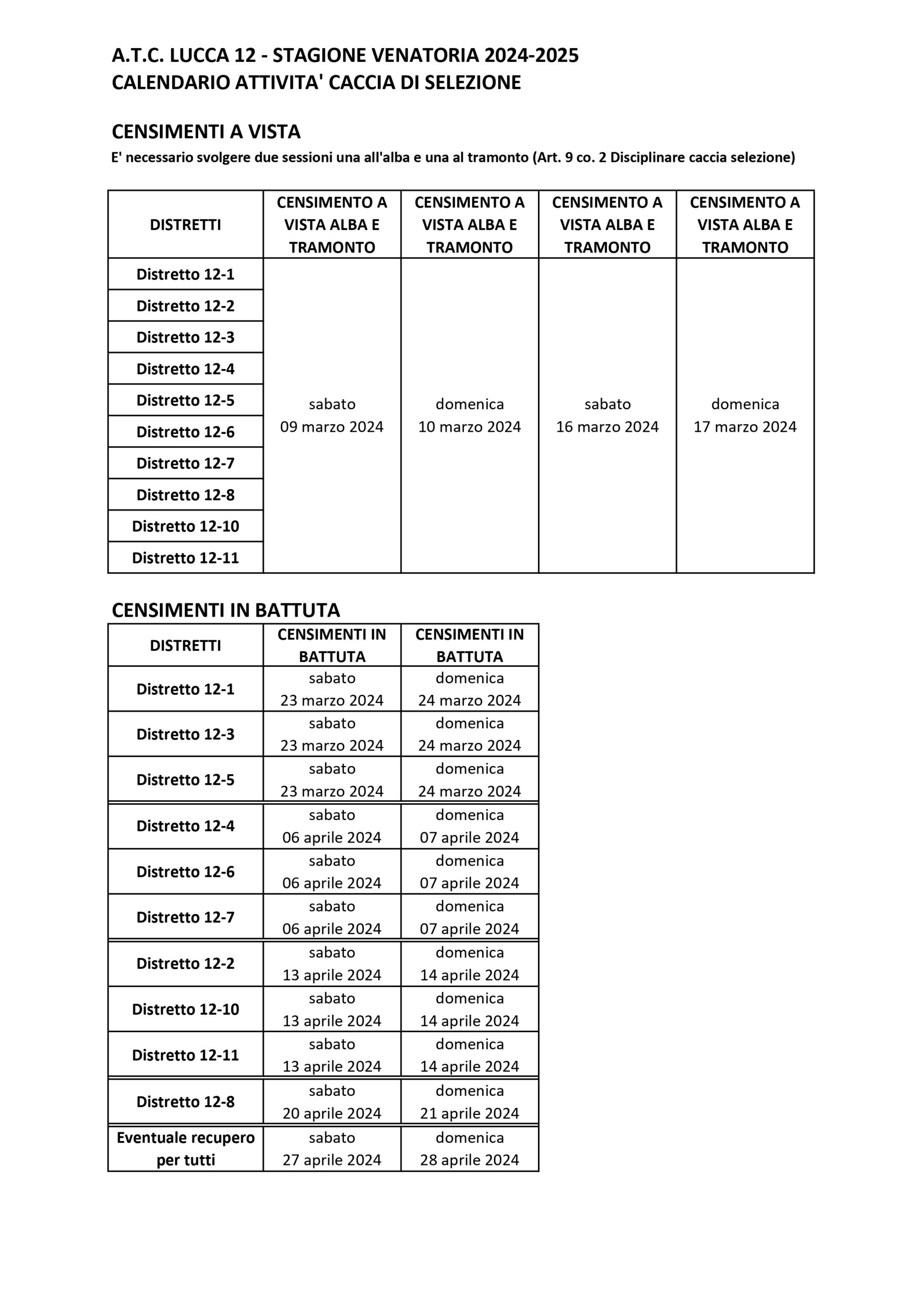 CALENDARIO ATTIVITA’ CACCIA DI SELEZIONE STAGIONE VENATORIA 20242025